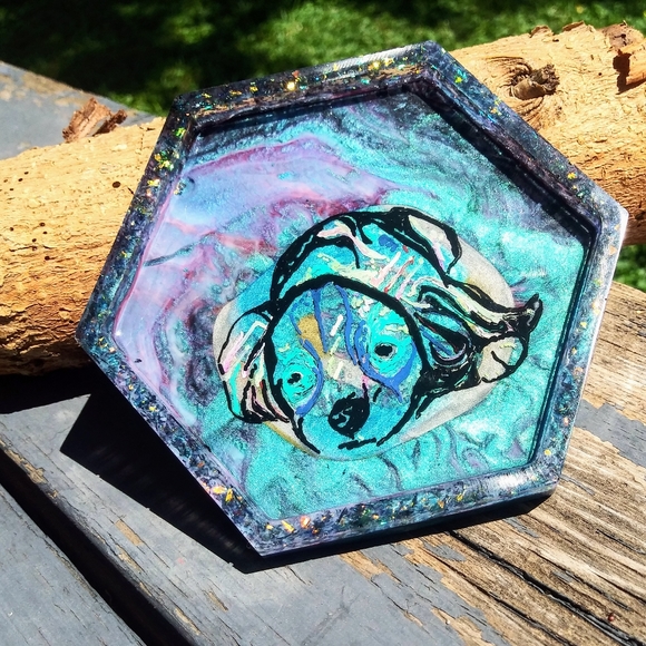 Hand Drawn Dog Epoxy Resin Coaster Tray - Picture 2 of 9